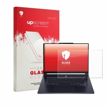 Parte frontale di una confezione del prodotto con il logo del marchio upscreen. Accanto è raffigurato il dispositivo Lenovo Le