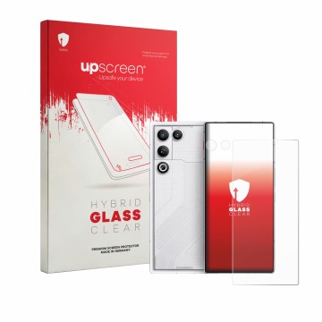 Parte frontale di una confezione del prodotto con il logo del marchio upscreen. Accanto è raffigurato il dispositivo ZTE Nubia