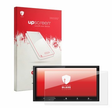 Parte frontal de un envase de producto con el logotipo de la marca upscreen. Al lado se muestra el dispositivo Kenwood DMX7525
