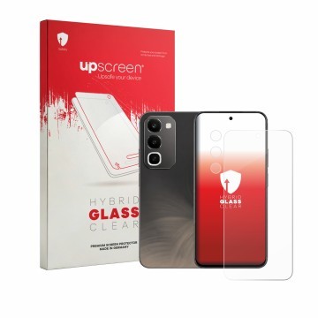 Face avant d’un emballage produit avec le logo de la marque upscreen. À côté, l’appareil realme C100 4G (Avant+Caméra) est rep