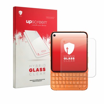 Parte frontale di una confezione del prodotto con il logo del marchio upscreen. Accanto è raffigurato il dispositivo Unihertz 