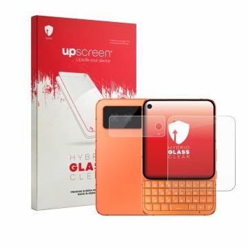 Parte frontal de un envase de producto con el logotipo de la marca upscreen. Al lado se muestra el dispositivo Unihertz Titan 