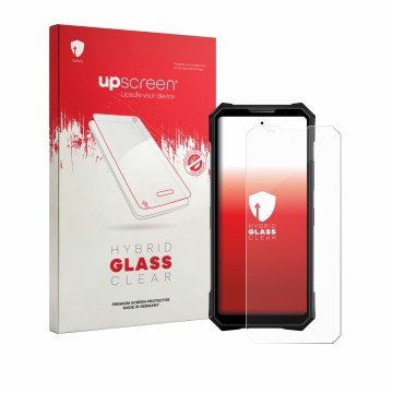 Vorderseite einer Produktverpackung mit dem Markenlogo upscreen. Daneben ist das Gerät Doogee V50 Pro mit dem zugehörigen Disp