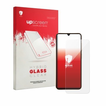 Parte frontal de un envase de producto con el logotipo de la marca upscreen. Al lado se muestra el dispositivo Hotwav A17 Pro 