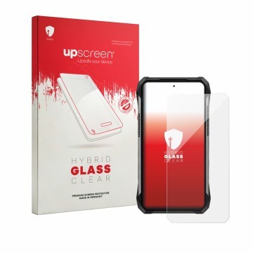 Vorderseite einer Produktverpackung mit dem Markenlogo upscreen. Daneben ist das Gerät Unihertz 8849 Tank 5 mit dem zugehörige