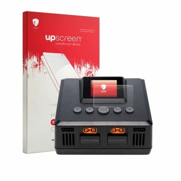 Vorderseite einer Produktverpackung mit dem Markenlogo upscreen. Daneben ist das Gerät Spektrum Smart Charger S250 mit dem zug