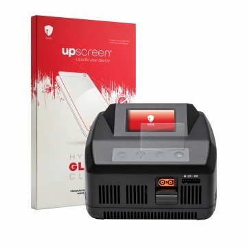 Vorderseite einer Produktverpackung mit dem Markenlogo upscreen. Daneben ist das Gerät Spektrum Smart Charger S1100 G2 mit dem