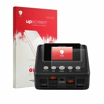 Vorderseite einer Produktverpackung mit dem Markenlogo upscreen. Daneben ist das Gerät Spektrum Smart Charger S450 G2 mit dem 