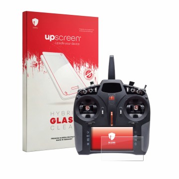 Face avant d’un emballage produit avec le logo de la marque upscreen. À côté, l’appareil Spektrum iX14 Plus Special Edition es