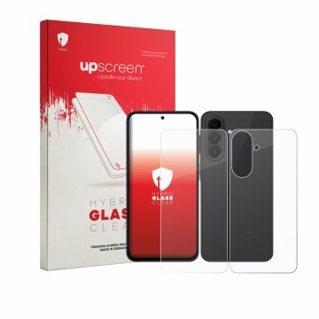 Vorderseite einer Produktverpackung mit dem Markenlogo upscreen. Daneben ist das Gerät Samsung Galaxy A27 5G (Display+Rückseit