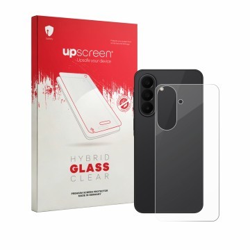 Vorderseite einer Produktverpackung mit dem Markenlogo upscreen. Daneben ist das Gerät Samsung Galaxy A27 5G (Rückseite) mit d