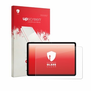 Parte frontal de un envase de producto con el logotipo de la marca upscreen. Al lado se muestra el dispositivo Blackview MEGA 