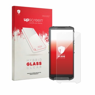 Front side of a product packaging with the brand logo upscreen. Next to it is the device Newland MT95 Kambur Pro III shown wit