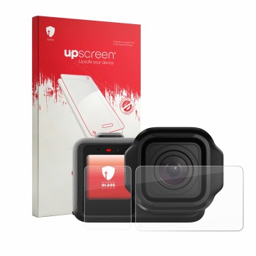 Vorderseite einer Produktverpackung mit dem Markenlogo upscreen. Daneben ist das Gerät GoPro Mission 1 Pro mit dem zugehörigen