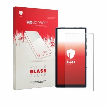 Parte frontale di una confezione del prodotto con il logo del marchio upscreen. Accanto è raffigurato il dispositivo FiiO M33 