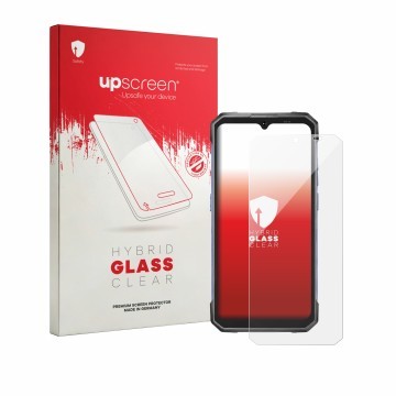 Vorderseite einer Produktverpackung mit dem Markenlogo upscreen. Daneben ist das Gerät Hotwav Cyber 17 mit dem zugehörigen Dis