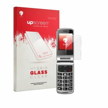 Vorderseite einer Produktverpackung mit dem Markenlogo upscreen. Daneben ist das Gerät bea-fon SL645 mit dem zugehörigen Displ