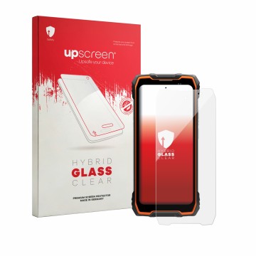 Parte frontal de un envase de producto con el logotipo de la marca upscreen. Al lado se muestra el dispositivo Blackview Rock 