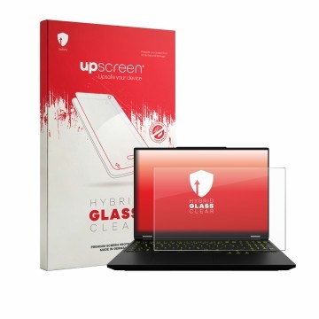 Parte frontal de un envase de producto con el logotipo de la marca upscreen. Al lado se muestra el dispositivo XMG Neo 16 con 