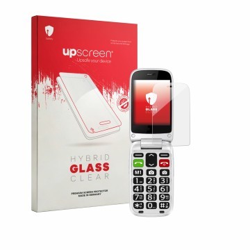 Parte frontale di una confezione del prodotto con il logo del marchio upscreen. Accanto è raffigurato il dispositivo true S70 