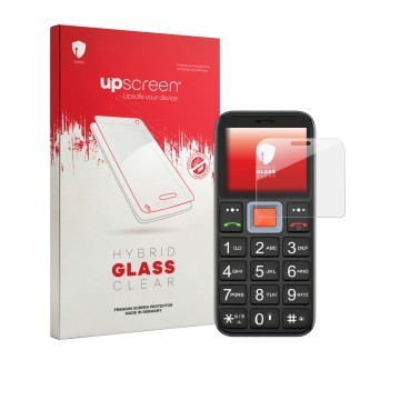 Front side of a product packaging with the brand logo upscreen. Next to it is the device Easyfone Prime A5 shown with the corr