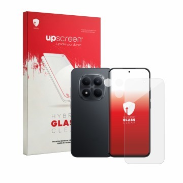 Parte frontal de un envase de producto con el logotipo de la marca upscreen. Al lado se muestra el dispositivo Xiaomi Redmi No