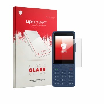 Vorderseite einer Produktverpackung mit dem Markenlogo upscreen. Daneben ist das Gerät TCL OneTouch 4042s mit dem zugehörigen 
