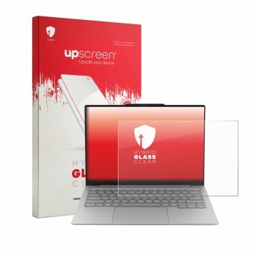 Vorderseite einer Produktverpackung mit dem Markenlogo upscreen. Daneben ist das Gerät Lenovo ThinkBook 14X mit dem zugehörige