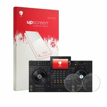 Vorderseite einer Produktverpackung mit dem Markenlogo upscreen. Daneben ist das Gerät AlphaTheta XDJ-AZ (Jog) mit dem zugehör