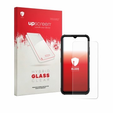 Vorderseite einer Produktverpackung mit dem Markenlogo upscreen. Daneben ist das Gerät AGM H6 mit dem zugehörigen Displayschut