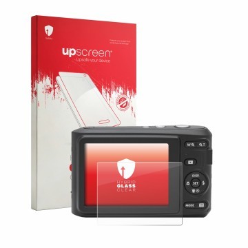 Parte frontal de un envase de producto con el logotipo de la marca upscreen. Al lado se muestra el dispositivo Kodak Pixpro FZ