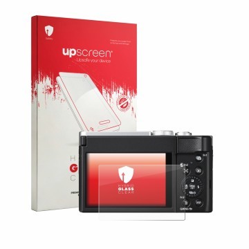 Face avant d’un emballage produit avec le logo de la marque upscreen. À côté, l’appareil Panasonic Lumix DC-TZ99E-S est représ