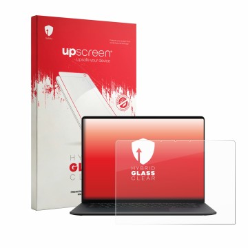 Parte frontal de un envase de producto con el logotipo de la marca upscreen. Al lado se muestra el dispositivo Microsoft Surfa