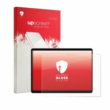 Face avant d’un emballage produit avec le logo de la marque upscreen. À côté, l’appareil Microsoft Surface Pro 13 2026 est rep