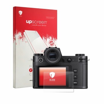 Vorderseite einer Produktverpackung mit dem Markenlogo upscreen. Daneben ist das Gerät Leica SL3-P mit dem zugehörigen Display
