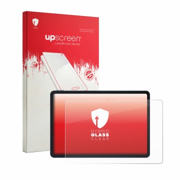 Parte frontal de un envase de producto con el logotipo de la marca upscreen. Al lado se muestra el dispositivo Infinix XPAD 30