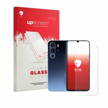Vorderseite einer Produktverpackung mit dem Markenlogo upscreen. Daneben ist das Gerät realme C100x (Display+Kamera) mit dem z