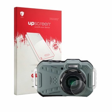 Face avant d’un emballage produit avec le logo de la marque upscreen. À côté, l’appareil Ricoh Pentax WG-1000 (Lentille) est r