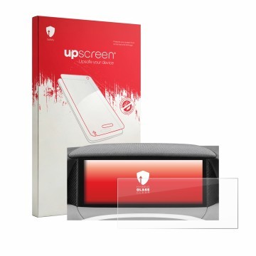 Parte frontal de un envase de producto con el logotipo de la marca upscreen. Al lado se muestra el dispositivo MG S5 EV ZS3E 2