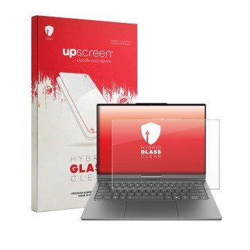 Vorderseite einer Produktverpackung mit dem Markenlogo upscreen. Daneben ist das Gerät Lenovo ThinkBook Plus Gen 7 Auto Twist 