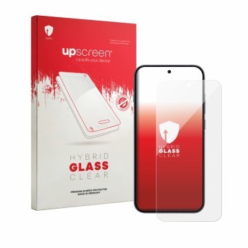Parte frontal de un envase de producto con el logotipo de la marca upscreen. Al lado se muestra el dispositivo Oppo Reno 16 FS