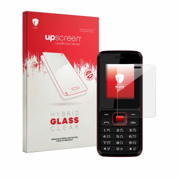 Vorderseite einer Produktverpackung mit dem Markenlogo upscreen. Daneben ist das Gerät Karbonn K19 Rock mit dem zugehörigen Di