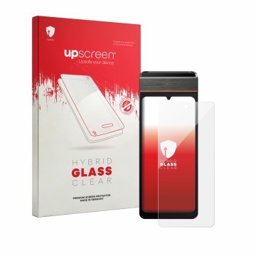 Vorderseite einer Produktverpackung mit dem Markenlogo upscreen. Daneben ist das Gerät Sunmi V3e mit dem zugehörigen Displaysc