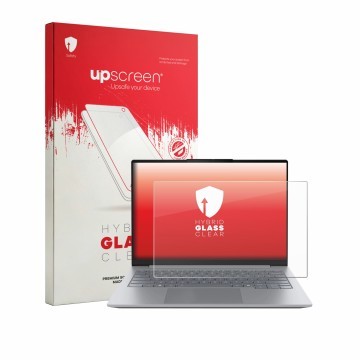 Vorderseite einer Produktverpackung mit dem Markenlogo upscreen. Daneben ist das Gerät Lenovo ThinkBook 14 Gen 9 mit dem zugeh