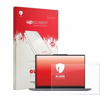 Parte frontal de un envase de producto con el logotipo de la marca upscreen. Al lado se muestra el dispositivo Lenovo Yoga Pro