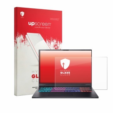 Vorderseite einer Produktverpackung mit dem Markenlogo upscreen. Daneben ist das Gerät Acer Nitro 18 AI AN18-61 mit dem zugehö
