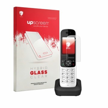 Face avant d’un emballage produit avec le logo de la marque upscreen. À côté, l’appareil Panasonic KX-TGH723 est représenté av