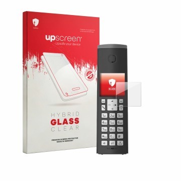 Vorderseite einer Produktverpackung mit dem Markenlogo upscreen. Daneben ist das Gerät Panasonic KX-TGK220 mit dem zugehörigen