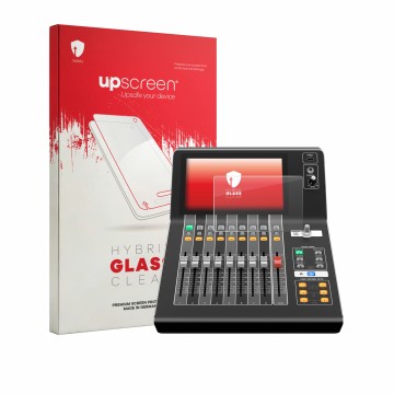Vorderseite einer Produktverpackung mit dem Markenlogo upscreen. Daneben ist das Gerät Yamaha DM3 mit dem zugehörigen Displays