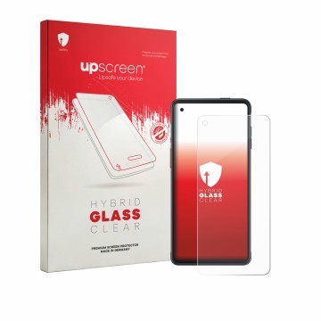 Face avant d’un emballage produit avec le logo de la marque upscreen. À côté, l’appareil Samsung Galaxy XCover Pro (case-frien